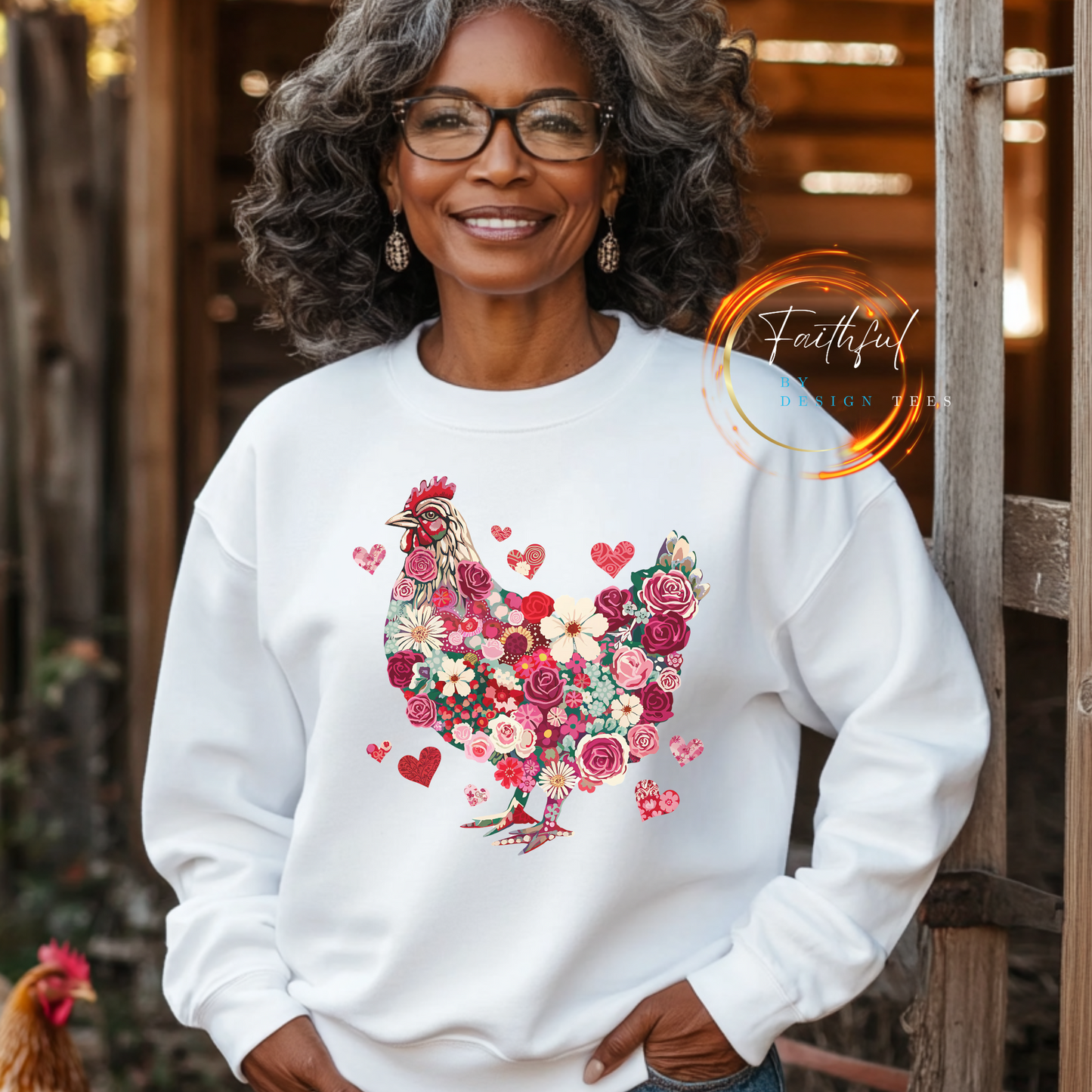 rooster chicken white crewneck sweatshirt. the chicken is designed with roses, flowers and hearts