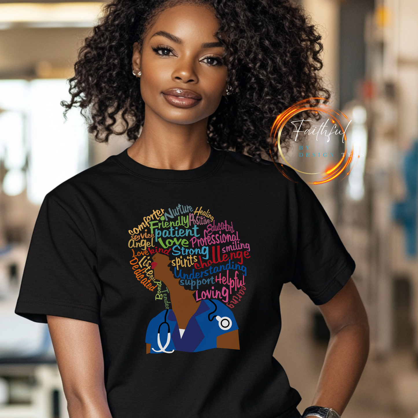 black bella canvas shirt displaying a black or latina woman with an afro. Words make up the afro to include patient, loving, caring, dedicated, spirts, friendly