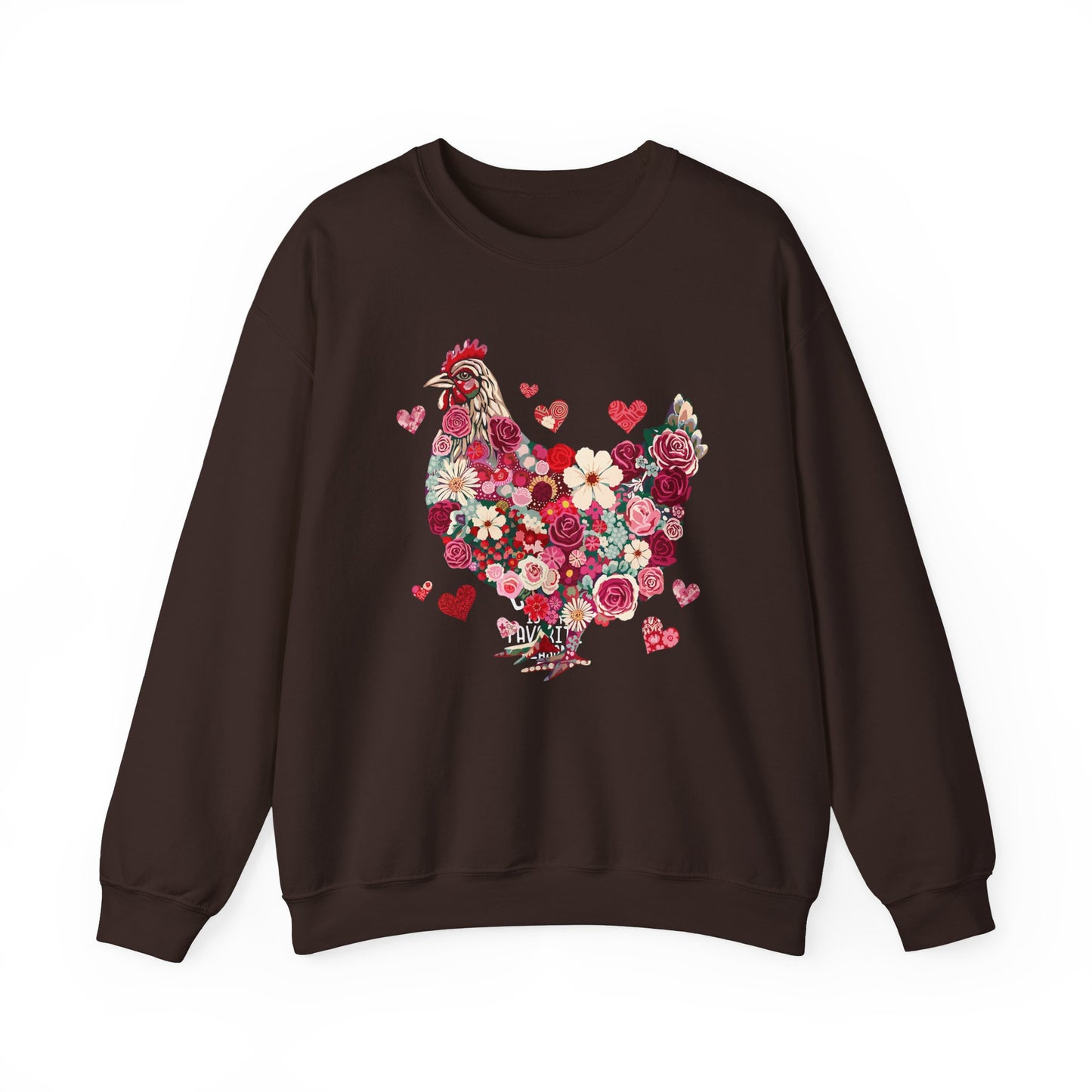rooster chicken chocolate brown crewneck sweatshirt. the chicken is designed with roses, flowers and hearts