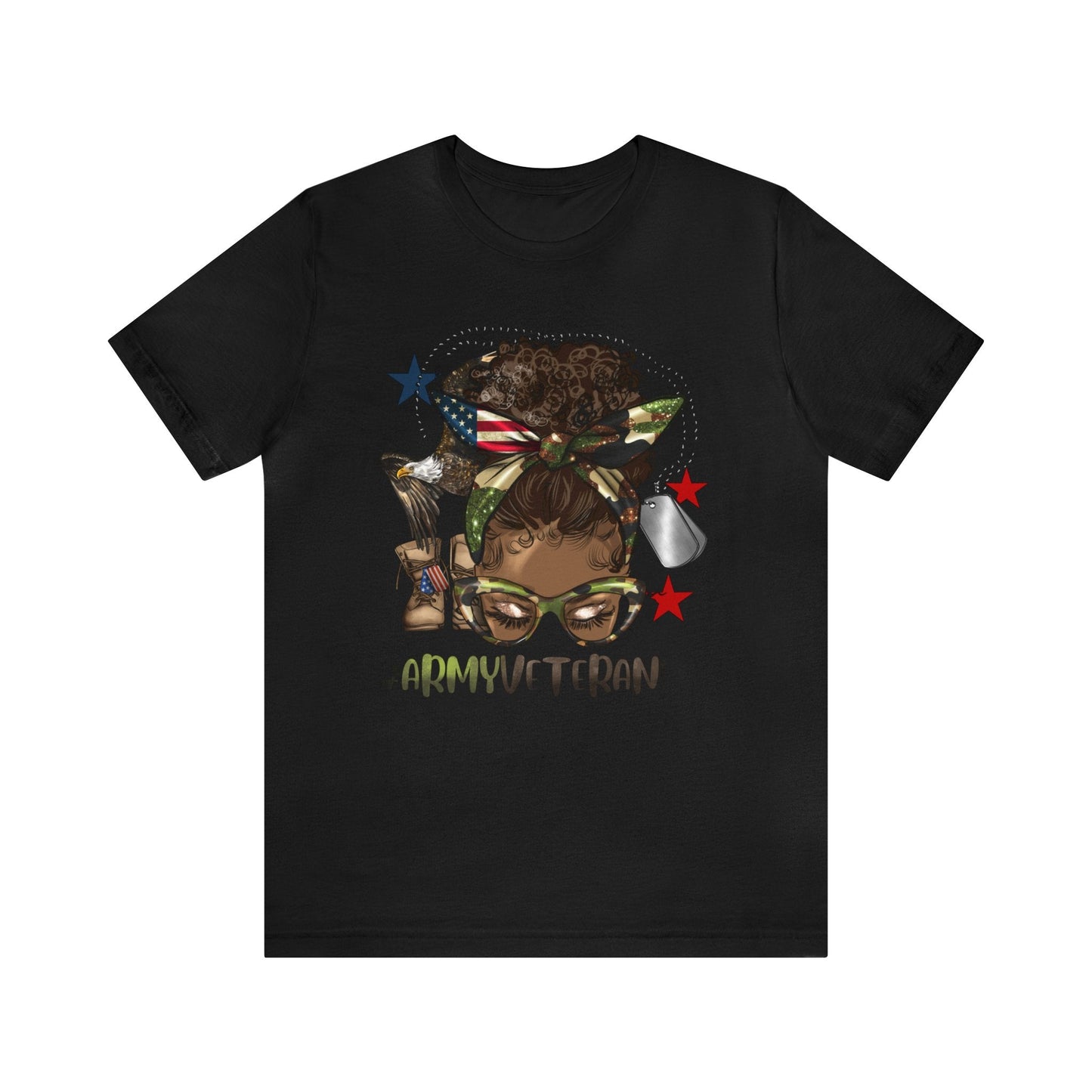 dark chocolate brown bella canvas shirt with an african american woman with a messy afro bun on the front. Under the picture it says #armyveteranlife. Dog tags and combat boots are in the background of the picture
