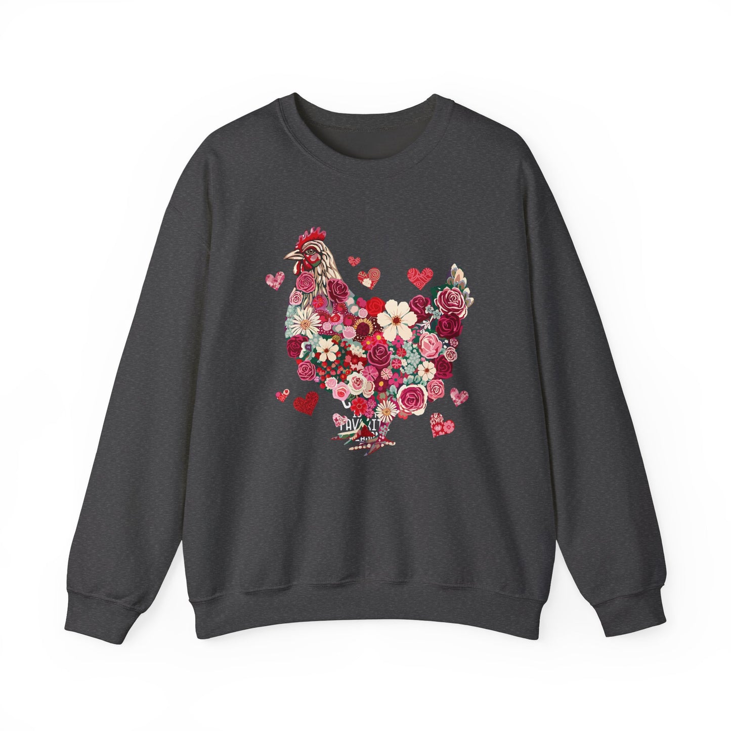 rooster chicken dark heather grey crewneck sweatshirt. the chicken is designed with roses, flowers and hearts