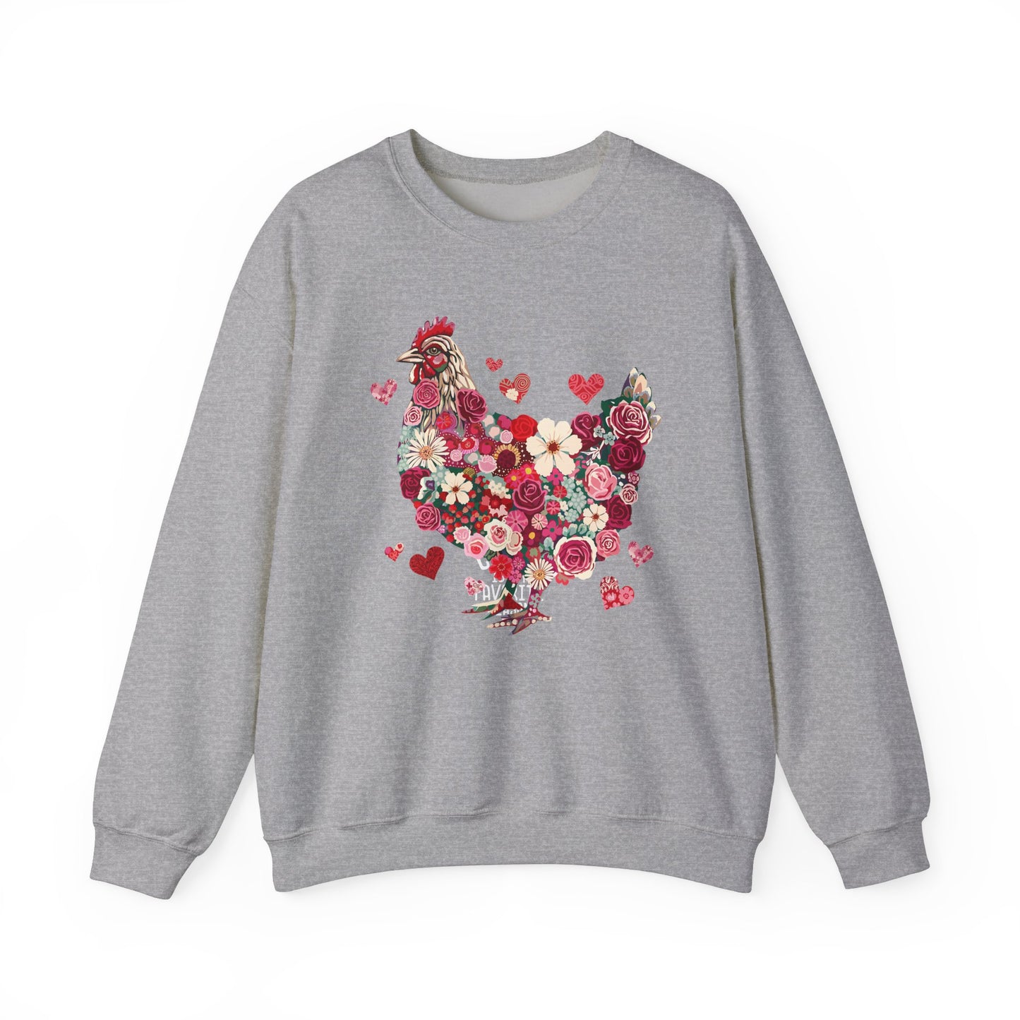 rooster chicken heather grey crewneck sweatshirt. the chicken is designed with roses, flowers and hearts