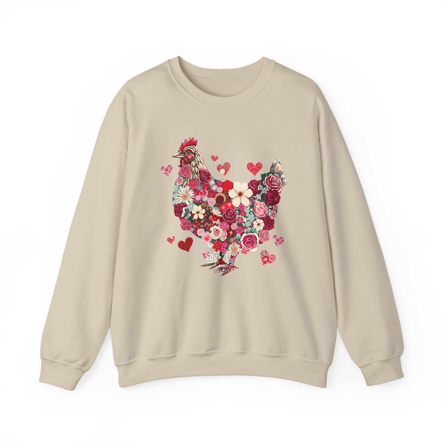 rooster chicken soft cream crewneck sweatshirt. the chicken is designed with roses, flowers and hearts