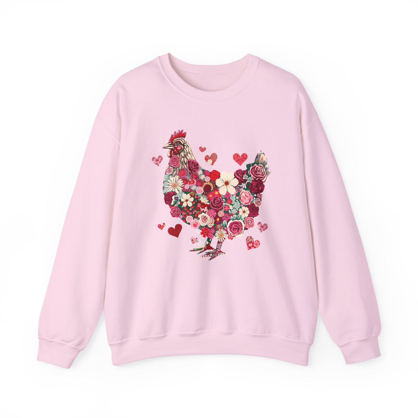 rooster chicken soft pink crewneck sweatshirt. the chicken is designed with roses, flowers and hearts