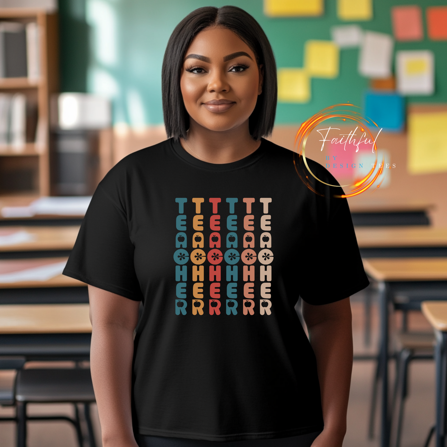 Black bella canvas Retro Vintage Teacher Shirt. the words teacher repeat in a vertical design in nostalgic colors