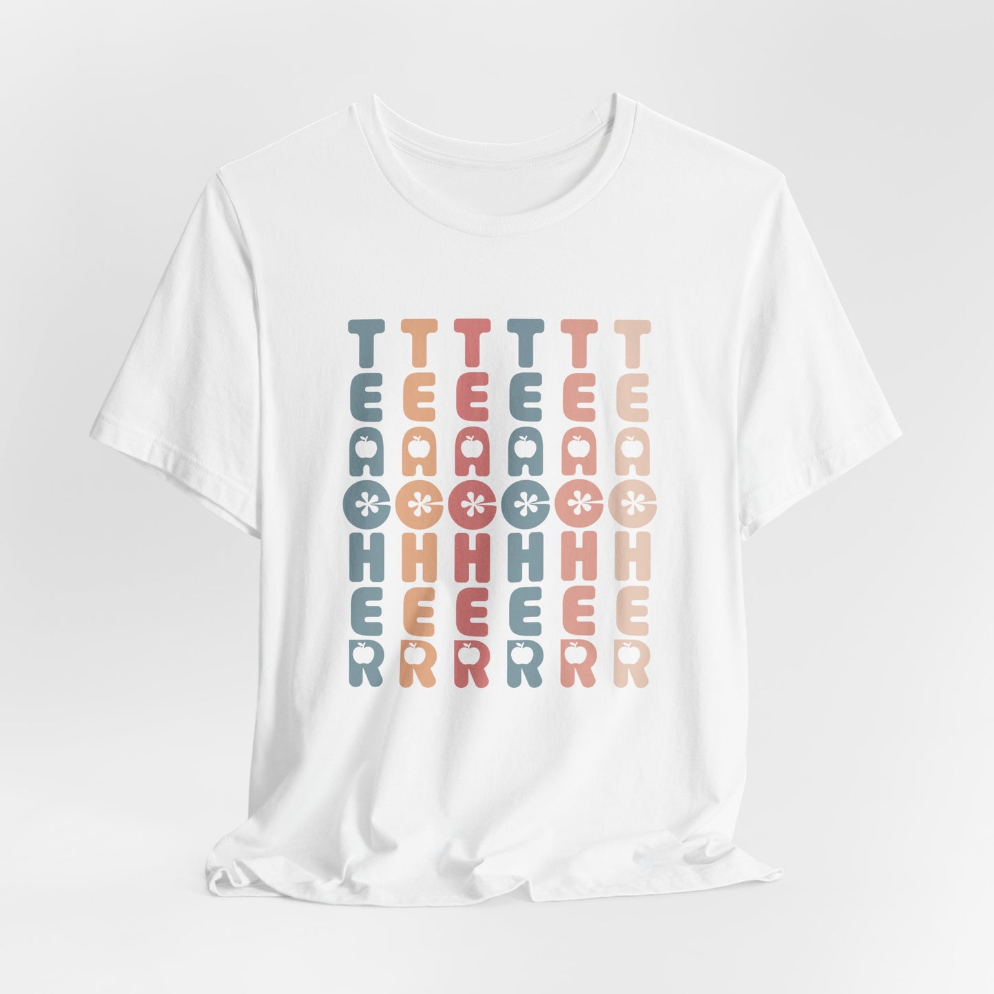 white bella canvas Retro Vintage Teacher Shirt. the words teacher repeat in a vertical design in nostalgic colors