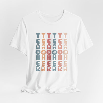 white bella canvas Retro Vintage Teacher Shirt. the words teacher repeat in a vertical design in nostalgic colors