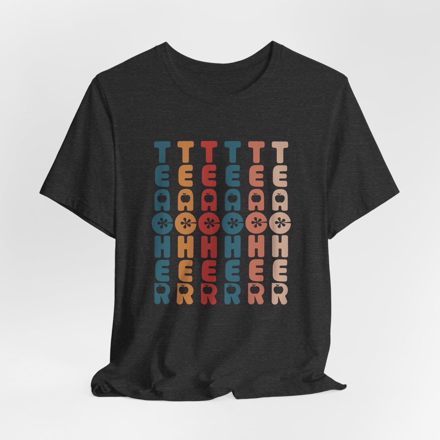 dark heather grey bella canvas Retro Vintage Teacher Shirt. the words teacher repeat in a vertical design in nostalgic colors