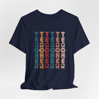 navy blue bella canvas Retro Vintage Teacher Shirt. the words teacher repeat in a vertical design in nostalgic colors